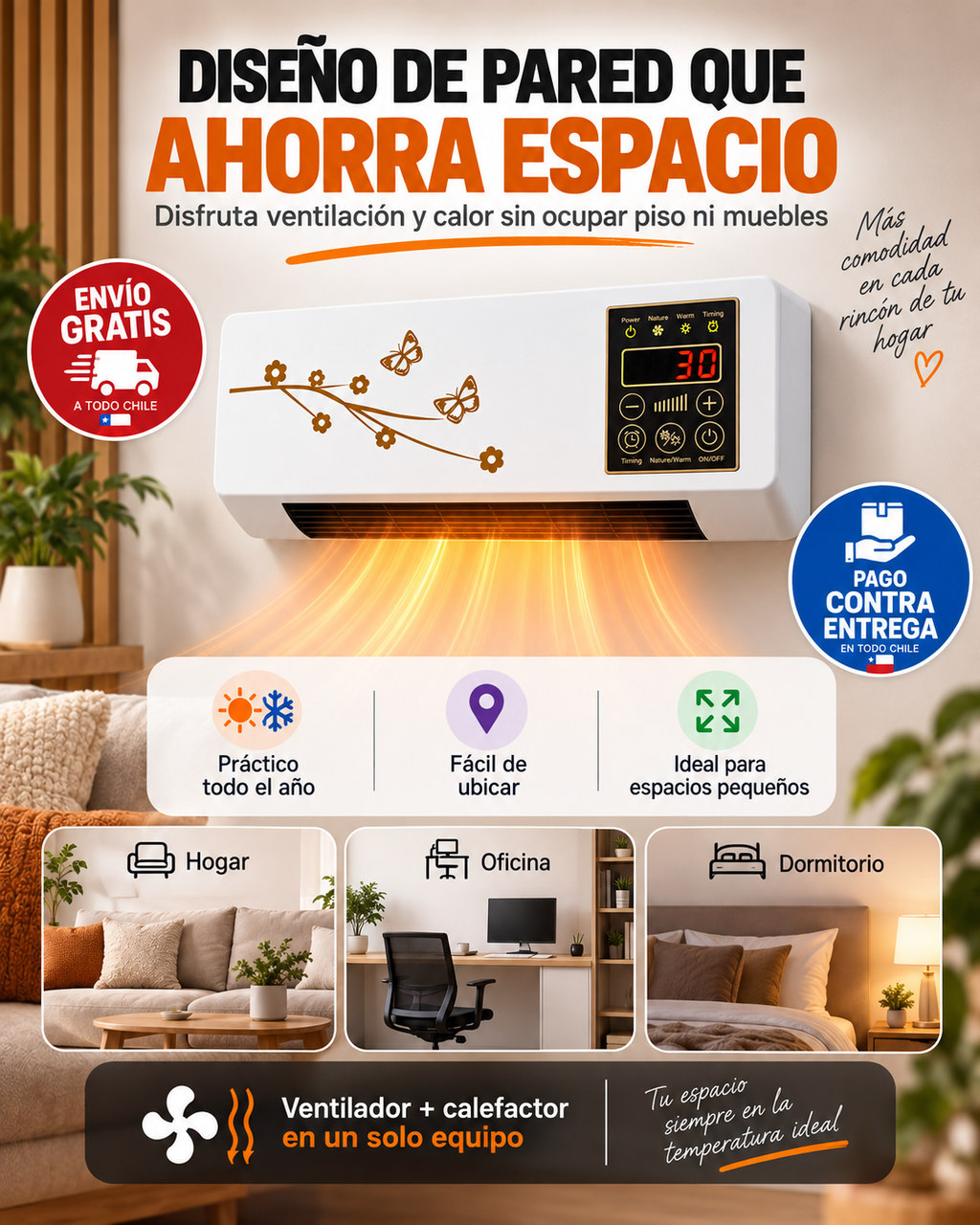 ClimaWall 2 en 1 – Ventilador y Calefactor Eléctrico de Pared con Control Remoto