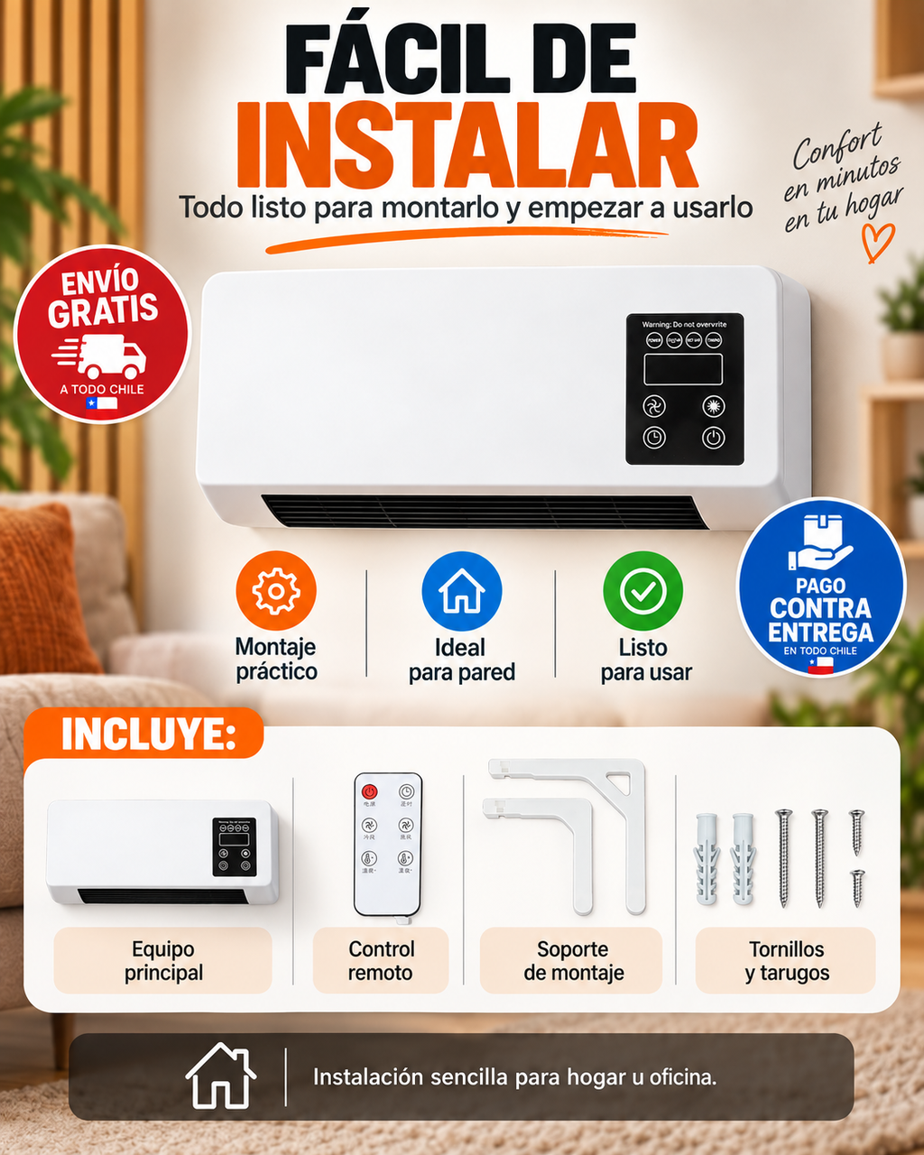 ClimaWall 2 en 1 – Ventilador y Calefactor Eléctrico de Pared con Control Remoto