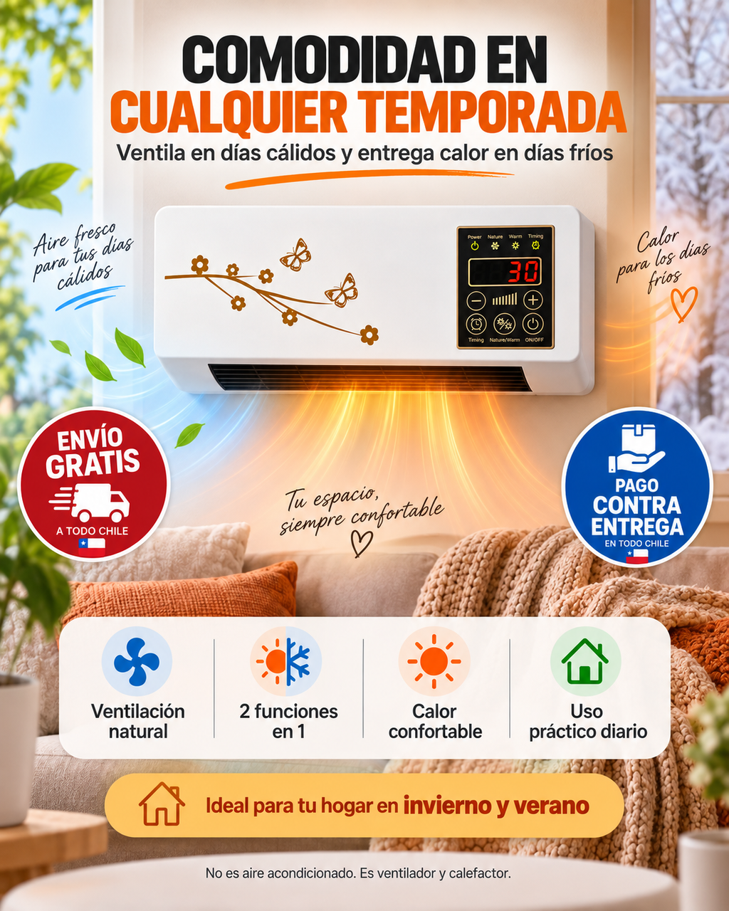 ClimaWall 2 en 1 – Ventilador y Calefactor Eléctrico de Pared con Control Remoto
