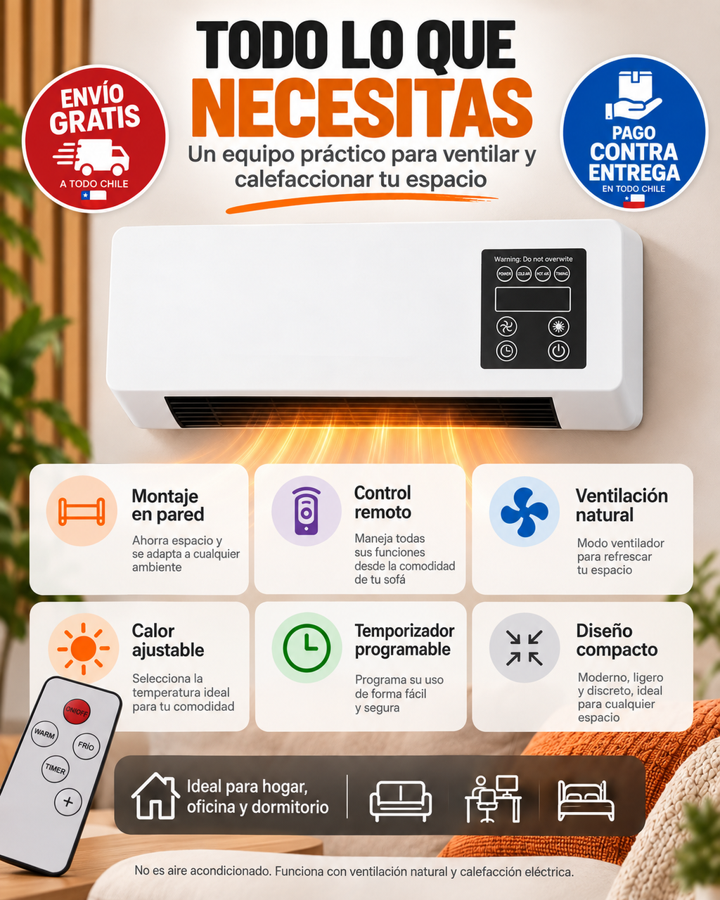 ClimaWall 2 en 1 – Ventilador y Calefactor Eléctrico de Pared con Control Remoto