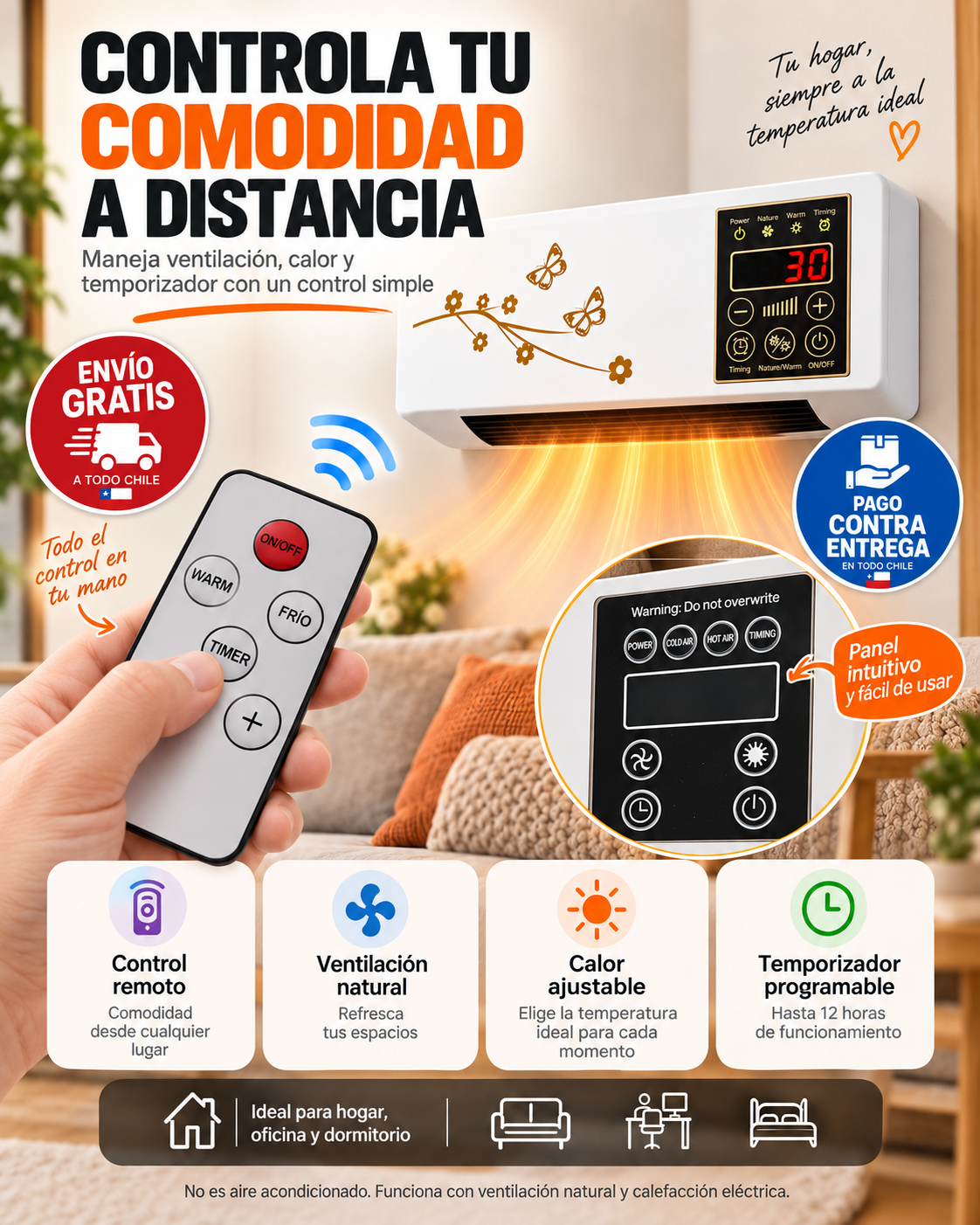 ClimaWall 2 en 1 – Ventilador y Calefactor Eléctrico de Pared con Control Remoto